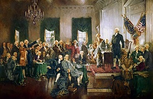 Podpisanie amerykańskiej Konstytucji 17 września 1787r. Obraz Howarda Chandlera Christy z 1940 roku. (Źródło: Wikipedia)