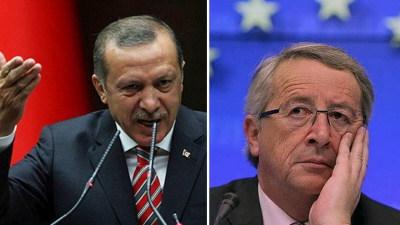 Prezydent Turcji Recep Tayyip Erdogan (po lewej) wygosi ostatnio pene ciepych uczu sowa, wyraajc podziw nie dla Unii Europejskiej, ale dla ostatniego kalifatu islamskiego – Imperium Osmaskiego, ekspansjonistycznego królestwa islamskiego, które popeniao masakry, gwaty i niewolnictwo seksualne ludów, które podbio. Pytaniem jest, kiedy UE zacznie dziaa jak szanujca si instytucja i oceni Turcj wedug tego, co ona rzeczywicie mówi i robi? Po prawej: przewodniczcy Komisji Europejskiej Jean-Claude Juncker.<br /> <br /> 