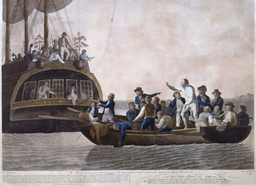 Zbuntowana zaoga pozostawia kapitana Bligha i wiernych wobec niego marynarzy na ódzi ratunkowej, odpywajc na Bounty. Obraz Roberta Dodda. Wikipedia