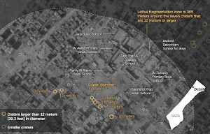 Na zdjciu satelitarnym zaznaczone kókami miejsca kraterów po izraelskich bombach.
