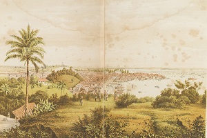 Panorama Singapuru o wschodzie słońca, 1865, litografia Vincenta Brooksa. (Wikipedia).