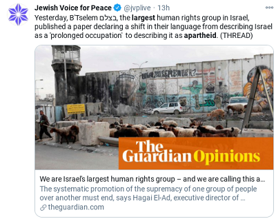 [Jewish Voice for PeaceWczoraj B’Tselem, najwiksza grupa praw czowieka w Izraelu, opublikowaa artyku oznajmiajcy o zmianie ich jzyka z opisu Izraela jako “przecigajcej si okupacji” na opisywanie go jako apartheid.Jestemy najwiksz grup praw czowieka w Izraelu i nazywamy to…Systematyczne propagowanie supremacji jednej grupy ludzi nad inn musi skoczy si, mówi Hagai El-Ad, dyrektor wykonawczy…]