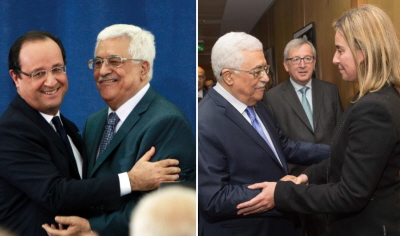 Prezydent Autonomii Palestyńskiej, Mahmoud Abbas, jest regularnie fetowany przez poczciwych ludzi Zachodu, takich jak prezydent Francji, François Hollande (po lewej) i najwyżsi dygnitarze Unii Europejskiej, jak Federica Mogherini i Jean-Claude Juncker (po prawej).