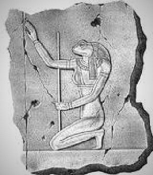 Heket, egipska bogini z głową żaby, opiekunka połodności i narodzin, jej małżonkiem był Chnum – boski garncarz kształtujący z gliny na kole postacie ludzkie. [Źródło zdjęcia: wikipedia]