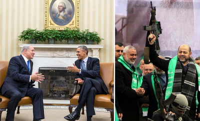 Kiedy prezydent USA Barack Obama spotyka si z premierem Izraela Benjaminem Netanjahu (po lewej), wysoki rang przedstawiciel Hamasu, Musa Abu Marzouk (stojcy najdalej na prawo z karabinem w rku) powtórzy, e celem jego organizacji jest wyeliminowanie Izraela.