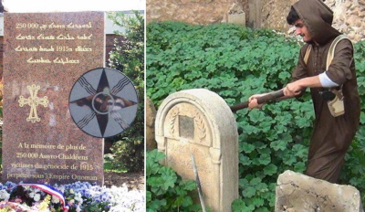 Po lewej: Pomnik we Francji upamitniajcy Ludobójstwo Asyryjczyków w 1915 r. w Turcji. Po prawej: Czonek Pastwa Islamskiego niszczy nagrobek chrzecijaski w Mosulu w Iraku w kwietniu 2015 r.