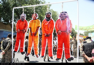 Król saudyjski Salman, przywódca ISIS Abu Bakr Al-Baghdadi, prezydent Obama i premier izraelski Netanjahu powieszeni jako kuky (IRNA, Iran, 1 lipca 2016)