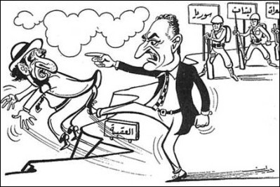 Pół wieku temu, w maju 1967 roku, prezydent Egiptu Nasser zapowiedział ostateczne rozwiązanie kwestii żydowskiej. [Karykatura z egipskiej prasy z maja 1967 roku.]