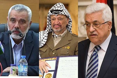Ogromna większość Palestyńczyków daje jasno do zrozumienia, że nie wierzy w „rozwiązanie w postaci dwóch państw” i wolałaby, aby grupa terrorystyczna Hamas zastąpiła Autonomię Palestyńską kierowaną przez Mahmouda Abbasa. Na zdjęciu: Izmail Hanija, Mahmoud Abbas, a w środku ojciec palestyńskiego narodu Jaser Arafat.