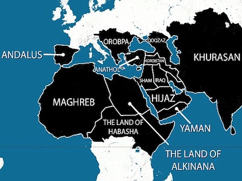 Mapa opublikowana przez ISIS. Jest to prezentacja ich planów na najbliższe pięć lat. (Źródło: http://www.breitbart.com/Big-Peace/2014/07/01/ISIS-Releases-Map-of-5-Year-Plan-to-Spread-from-Spain-to-China)