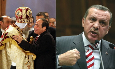 Na Zachodzie rzdy tureckiego premiera Recep Tayyip Erdogan (po prawej) uwaa si za tyraskie, podczas gdy prezydent Egiptu Abdel Fattah el-Sisi (po lewej, obejmuje papiea koptyjskiego Tawadrosa II) zdobywa pochway.