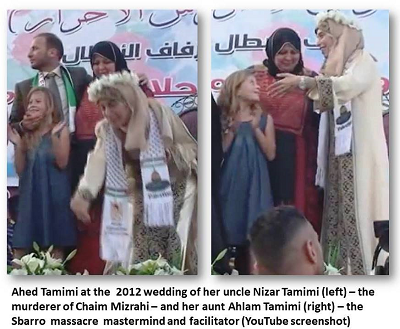 [Ahed Tamimi w 2012 r. na lubie swojego wujka, Nizara Tamimi (po lewej) – mordercy Chaima Mizrahiego – z jej ciotk, Ahlam Tamimi (po prawej) – organizatork masakry w Sbarro]