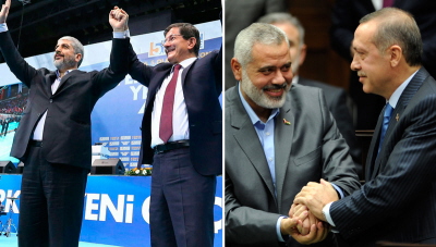 Przymilanie si do Hamasu: Premier turecki Ahmet Davutoglu pozuje z Chaledem Maszaalem, przewodniczcym Biura Politycznego Hamasu (po lewej). Prezydent turecki Recep Tayyip Erdogan pozuje z przywódc Hamasu w Gazie, Ismailem Hanij (po prawej).