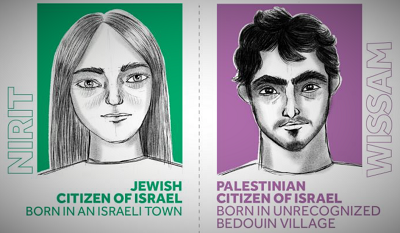 <span>Na rysunku Human Rights Watch przedstawia bdnie i stereotypowo ydowsk Izraelk ze znacznie janiejsz skór ni arabskiego Izraelczyka.</span>
