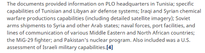 Dokumenty dostarczay informacji na temat kwatery gównej OWP w Tunezji, zdolnoci tunezyjskiego i libijskiego systemu obrony przeciwlotniczej, irackich i syryjskich moliwoci produkcji broni chemicznej (wcznie ze szczegóowymi zdjciami satelitarnymi), radzieckie dostawy morskie dla Syrii i innych pastw arabskich, urzdzenia portów i linii komunikacyjnych w rónych krajach Bliskiego Wschodu i Pónocnej Afryki, myliwców [radzieckich] MIG29, pakistaskiego programu nuklearnego. Jak równie zawieray amerykask ocen izraelskich moliwoci militarnych.