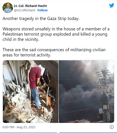 Kolejna tragedia w Strefie Gazy.Broń przechowywana niebezpiecznie w domu członka palestyńskiej grupy terrorystycznej eksplodowała i zabiła znajdujące się w pobliżu dziecko.To są smutne konsekwencje militaryzacji obszarów cywilnych dla działalności terrorystycznej. <span style=\