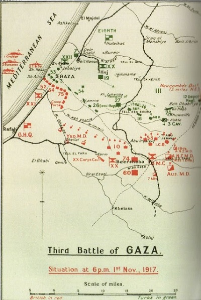 Mapa dziaa wojennych pokazujca lini frontu w pobliu Gazy na dzie 1 listopada 1917.