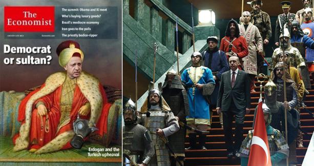 W 2013 r. “Economist” opublikowa na okadce fotomonta osmaskiego sutana Selima III i tureckiego ówczesnego premiera (obecnie prezydenta) Recepa Tayyipa Erdogana, eby zilustrowa narastajce tendencje autokratyczne Erdogana (po lewej). W 2015 r. sam Erdogan pozowa w swoim paacu z ubranymi w kostiumy “16 wojownikami”, którzy go strzegli, a mieli reprezentowa 16 etapów w historii tureckiej, wcznie z imperium Wielkich Mogoów, imperium Timurydów i imperium Osmaskim (po prawej).