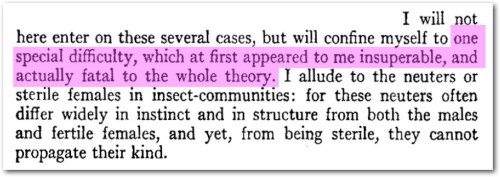 [„Nie bd tutaj omawia dokadnie rozmaitych przypadków, a poprzestan tylko na jednej szczególnej trudnoci, która z pocztku wydawaa mi si nieprzezwyciona i istotnie fatalna dla caej mojej teorii. Chc tu mówi o bezpciowych czyli bezpodnych samicach w spoecznociach owadów;  te bezpodne osobniki róni si bowiem znacznie instynktem i budow od samców oraz podnych samic, a z powodu bezpodnoci nie mog przenosi swych cech na potomstwo” (s. 277, O powstawaniu gatunków, PWRiL, Warszawa 1959)]
