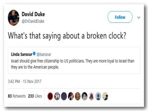 David Duke: Co si mówi o zepsutym zegarze?Linda Sarsour: Izrael powinien przyzna obywatelstwo politykom USA. S oni bardziej lojalni wobec Izraela ni wobec narodu amerykaskiego.