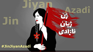 Kurdyjski slogan „Jin, Jiyan, Azadi” („Kobieta, życie, wolność”). (Źródło: Twitter)
