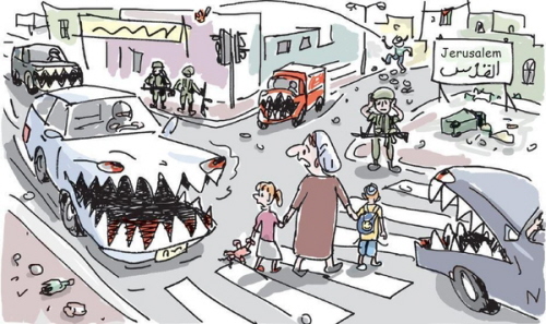 Jeden z wielu rysunków opublikowanych przez palestyńskich aktywistów i ich zwolenników w kampanii  Daes [\