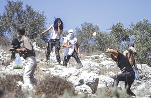 Osadnicy rzucaja kamieniami w Palestyczyków podczas zbiorów w Yitzhar w 2020r.(Zdjciet: NASSER ISHTAYEH/FLASH90)