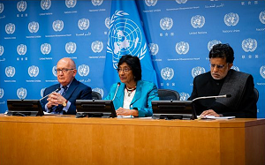 Czonkowie komisji ledczej ONZ Chris Sidoti (po lewej), Navi Pillay (w rodku) i Miloon Kothari (po prawej), Organizacja Narodów Zjednoczonych w Nowym Jorku, 27 padziernika 2022 r. (Luke Tress/Times of Israel)