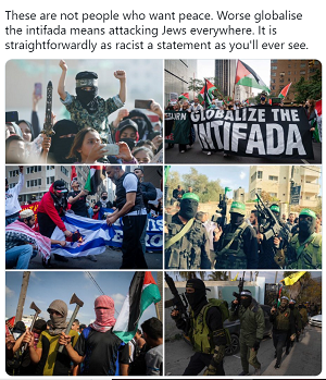 [To nie są ludzie, którzy chcą pokoju. Co gorsza zglobalizowana intifada oznacza ataki na Żydów wszędzie. Jest to tak rasistowski przekaz jak to tylko możliwe.]