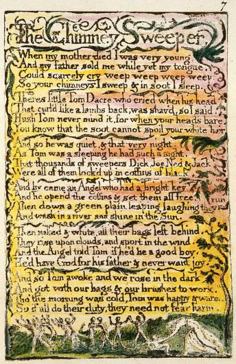 William Blake, sprzedany w dzieciństwie “Kominiarczyk” z “Pieśni niewinności”, 1795; http://tinyurl.com/goqkywg