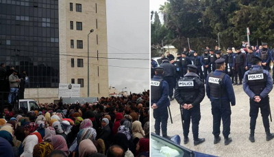 Po lewej: Strajkujcy nauczyciele palestyscy protestowali w Ramallah w zeszym tygodniu. Po prawej: Policjanci Autonomii Palestyskiej wyprawieni na ulice, by zastrasza nauczycieli.