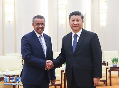 Tedros Adhanom Ghebreyesus z prezydentem Xi Jinpingiem, 28 stycznie 2020, który zapewni przewodniczcego WHO, e Chiny wygrywaj bitw z nowym koronawirusem.   