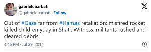 [Poza Gazą i odwetem Hamasu – wadliwa rakieta zabiła wczoraj dzieci w Shati. Świadkowie: bojownicy rzucili się, żeby usunąć szczątki.]