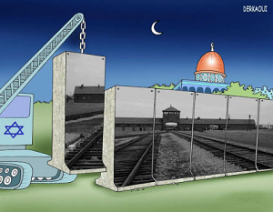 Rys. 18: Ta karykatura autorstwa Derkaoui Abdellaha, która zdobyła pierwszą nagrodę w Irańskim Konkursie Rysunków Holokaustu w Teheranie w 2006 r., została ponownie opublikowana w „Daily Kos”.