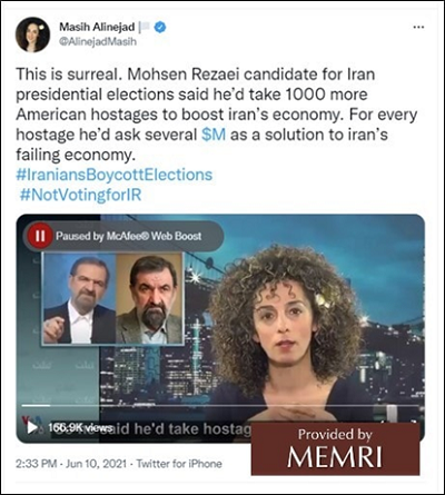 Tweet Masih Alinejad, 10 czerwca 2021