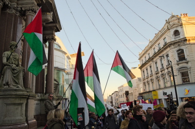 Flagi palestyskie podczas marszu o darmow edukacj w Brighton w Wielkiej Brytanii, czerwiec 2014. Zdjcie: Daniel Hadley / flickr