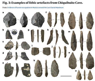 (from paper): a, Core. b–e, Flakes; inlay in b emphasizes an isolated platform. f–j, Blades. k–o, Points. Scale bar, 3 cm. Most items are from component SC-B; d and m belong to SC-C. One Pseudotsuga sp. (Douglas fir) charcoal fragment closely associated with the bifacial preform shown in m in stratum 1223 was dated to 27,929 ± 82 uncalibrated radiocarbon years BP (PRI-5414). More lithic finds are shown in Extended Data Figs. 5, 6.