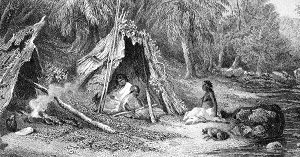 Rycina przedstawiajca siedlisko australijskich Aborygenów z wydanej w 1876 roku ksiki  Skinner Prout from Australia (ródo: Wikipedia)