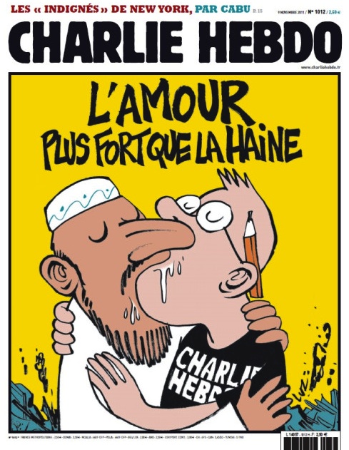 “Miłość jest silniejsza niż nienawiść”: satyryczna okładka „Charlie Hebdo” po wybuchu bomby zapalającej w tym piśmie w 2011 r.