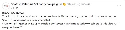 [Z ostatnie chwili<br />Dziękujemy wyborcom za pisanie do swoich posłów, by zaprotestować, wydarzenie normalizacji w szkockim parlamencie zostało odwołane!<br />**Nadal spotkamy się dzisiaj o 17:30 przed szkockim parlamentem, by świętować zwycięstwo – do zobaczenia!**]