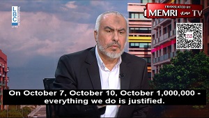  Jeli Hamas i Autonomia Palestyska otrzymaj pastwo ssiadujce z Izraelem, bd niewtpliwie nadal realizowa swój cel, jakim jest zabijanie ydów i unicestwienie Izraela. Funkcjonariusz Hamasu, Ghazi Hamad, wyranie powiedzia, e ta grupa terrorystyczna bdzie wielokrotnie powtarza atak z 7 padziernika, a Izrael zostanie unicestwiony. Na zdjciu: wywiad z Hamadem 24 padziernika 2023 r. w telewizji LBC (Liban). (ródo obrazu: MEMRI)