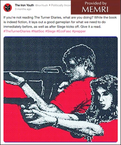Rys. 3: Organizacja Iron Youth zamieściła wizerunek uzbrojonych, białych, mężczyzny i kobiety, zalecała The Turner Diaries i Seige, stwierdzając, że The Turner Diaries \