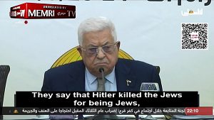 Mahmoud Abbas powiedzia, e Palestyczycy widz ydów tak samo jak Europejczycy i Hitler ich widzieli. (Zdjcie: zrzut z ekranu wideo: https://www.memri.org/reports/palestinian-president-mahmoud-abbas-hitler-fought-european-jews-because-their-usury-money)