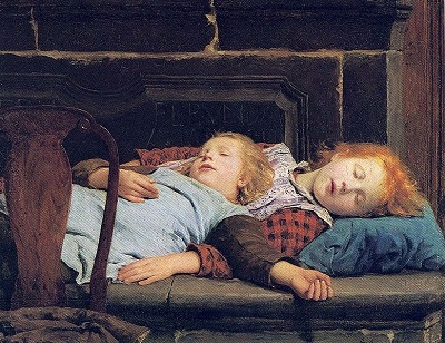 Dwie dziewczynki śpiące na ławie na przypiecku. Grafika Alberta Ankera, 1895. Wikimedia Commons.