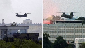 Sceny startu helikopterów z dachu ambasady USA w Kabulu w Afganistanie w sierpniu 2021 roku przypominają amerykańską ewakuację z Sajgonu w 1975 roku (po prawej)
