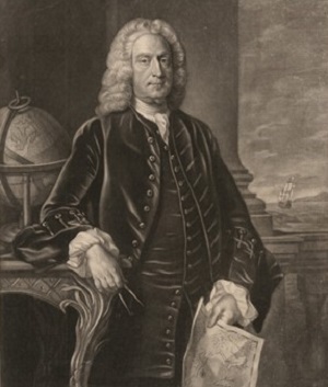 Jego Ekscelencja Arthur Dobbs esq., genera, naczelny gubernator i wiceadmira prowincji Karolina Pónocna, okoo 1753 r. © The New York Public Library Digital Collections.