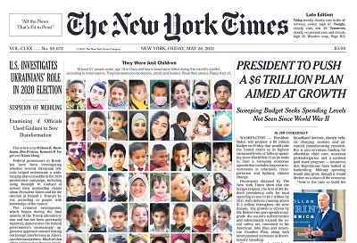Front page of the New York Times, 28 May 2021