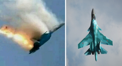 Po lewej: Rosyjski bombowiec Su-24 wybucha, kiedy trafia w niego pocisk wystrzelony z tureckiego F-16 w dniu 24 listopada 2015. Po prawej: Rosyjski Su-34. Dnia 29 stycznia 2016, rosyjski Su-34 naruszy tureck przestrze powietrzn i nie zosta zestrzelony mimo wczeniejszych obietnic, e “wszystkie obce samoloty, które narusz tureck przestrze powietrzn, zostan zestrzelone”.