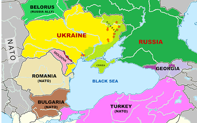 Żółto-zielony obszar reprezentuje terytorium Ukrainy zajęte przez armię rosyjską (w przybliżeniu). Czerwone strzałki to przybliżone kierunki rosyjskiej ofensywy. Cienki czerwony pasek na wschód od Mołdawii przedstawia separatystyczną „Republikę Naddniestrza” (uznawaną na arenie międzynarodowej za część Mołdawii i „wspieraną” przez wojska rosyjskie). Brązowym kolorem zaznaczone są również dwie „republiki” wycięte z Gruzji.