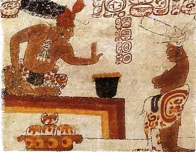 Ryc. 1. Domniemany władca Majów siedzi przed naczyniem ze spienioną czekoladą. Wikipedia.